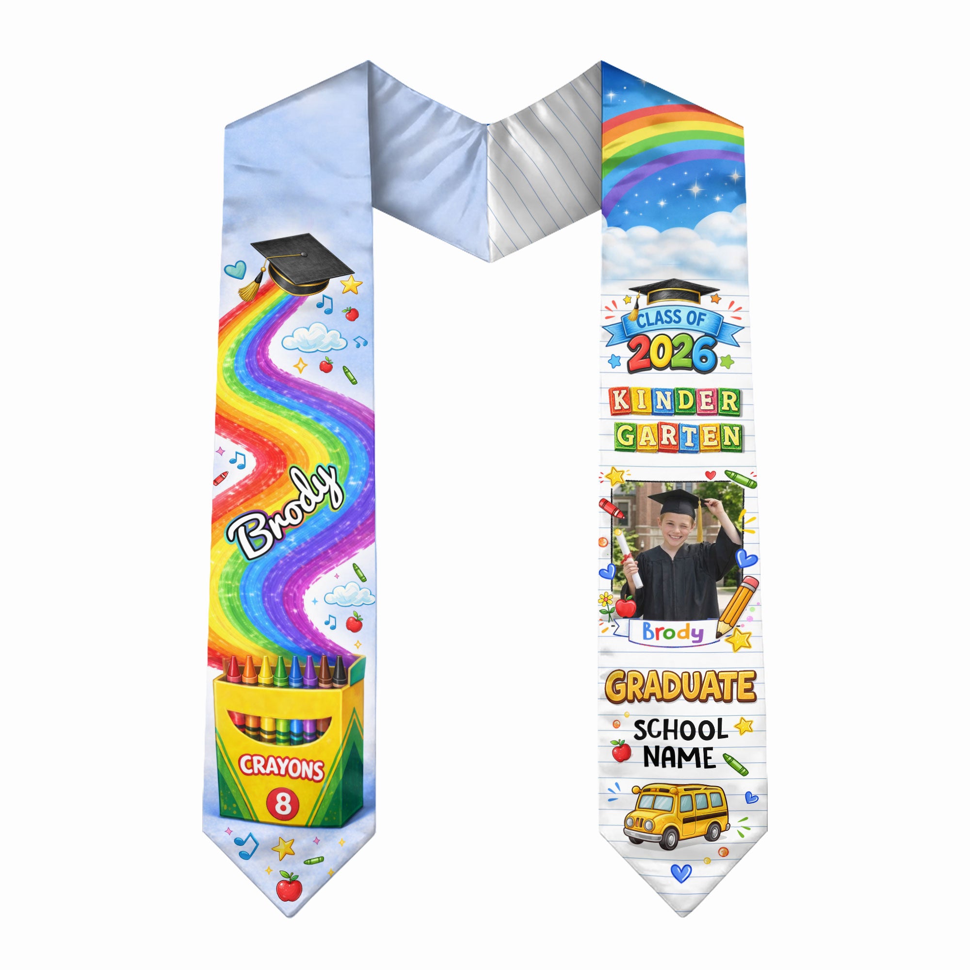 Personalized Graduation Stole for Kids - Custom Photo & School Name 2026 Rainbow Sash