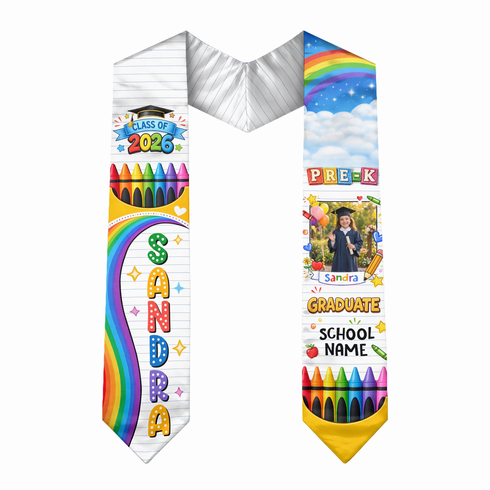 Custom Photo Graduation Stole Kids - Colorful Crayon Rainbow Sash 2026