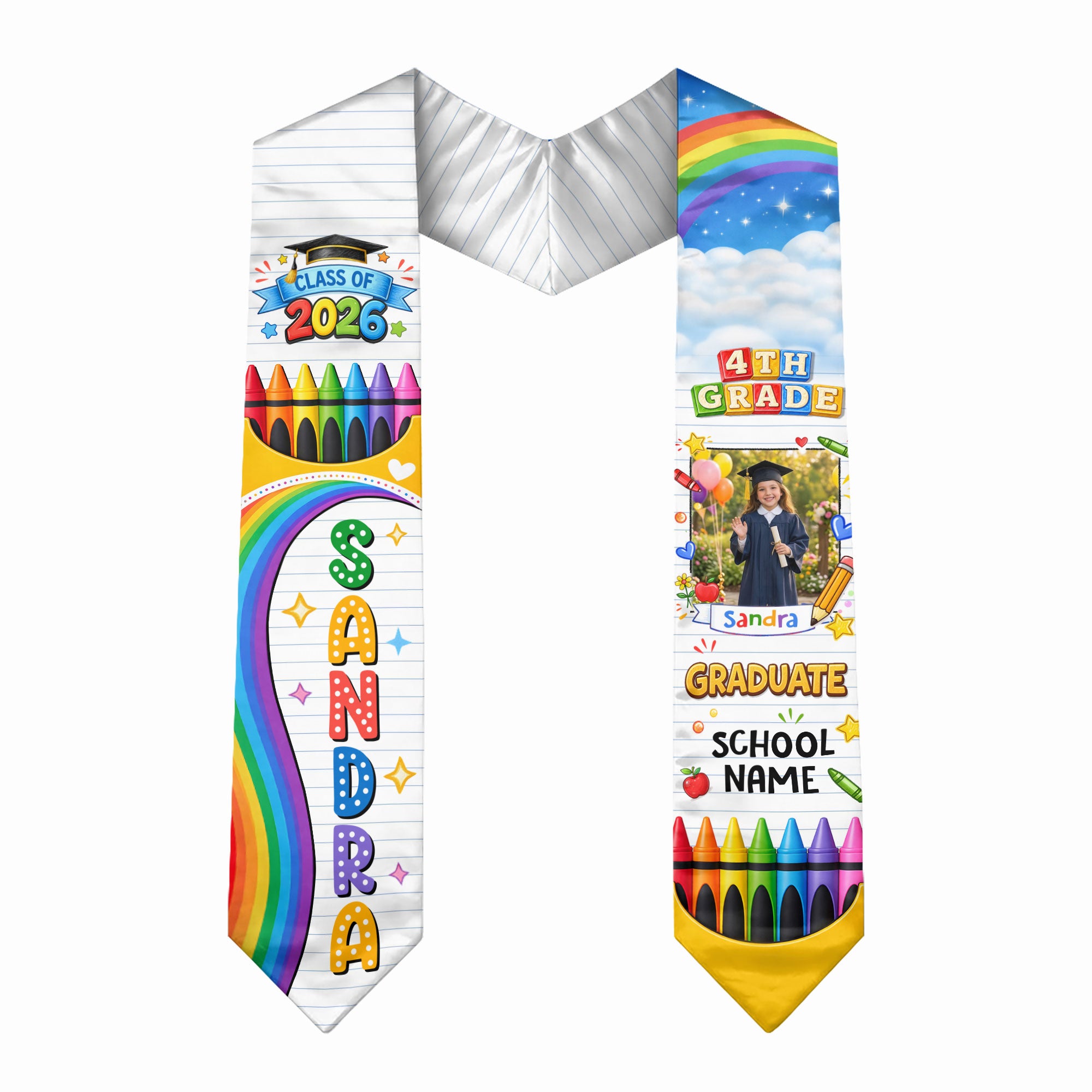 Custom Photo Graduation Stole Kids - Colorful Crayon Rainbow Sash 2026