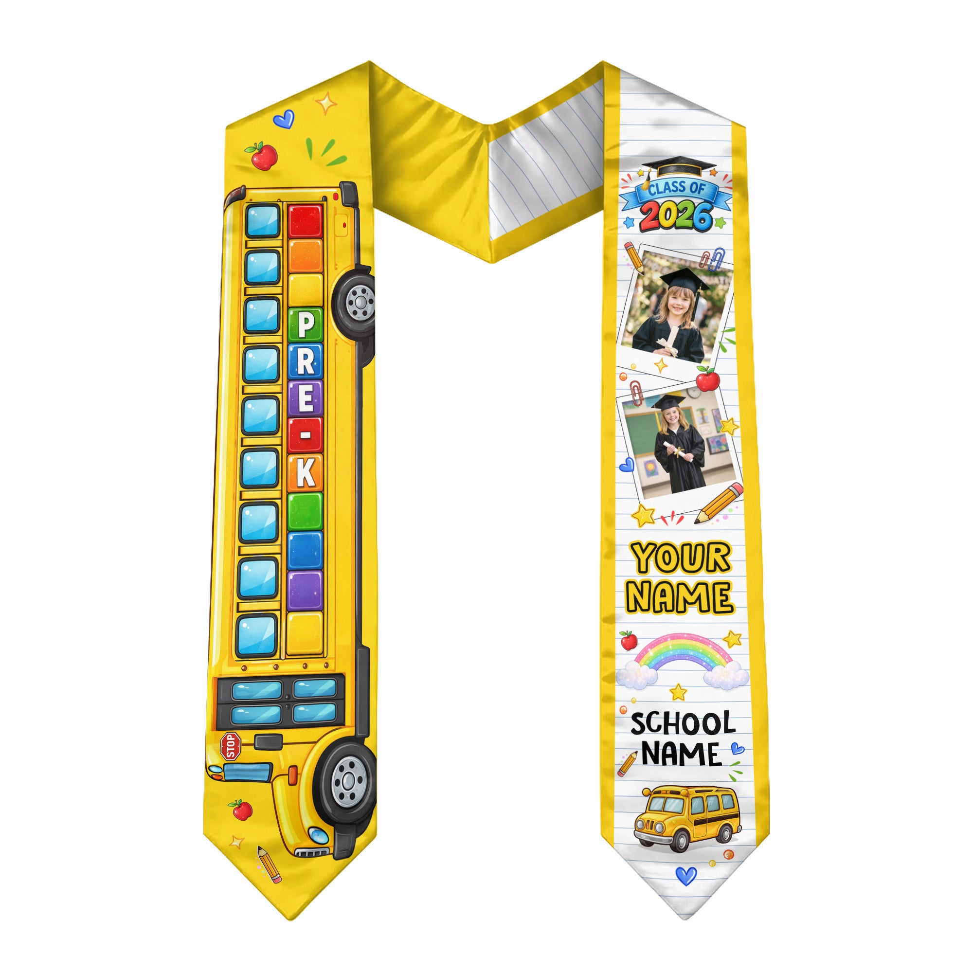 School Bus Kids Graduation Stole with Photo - Personalized Class of 2026 Sash