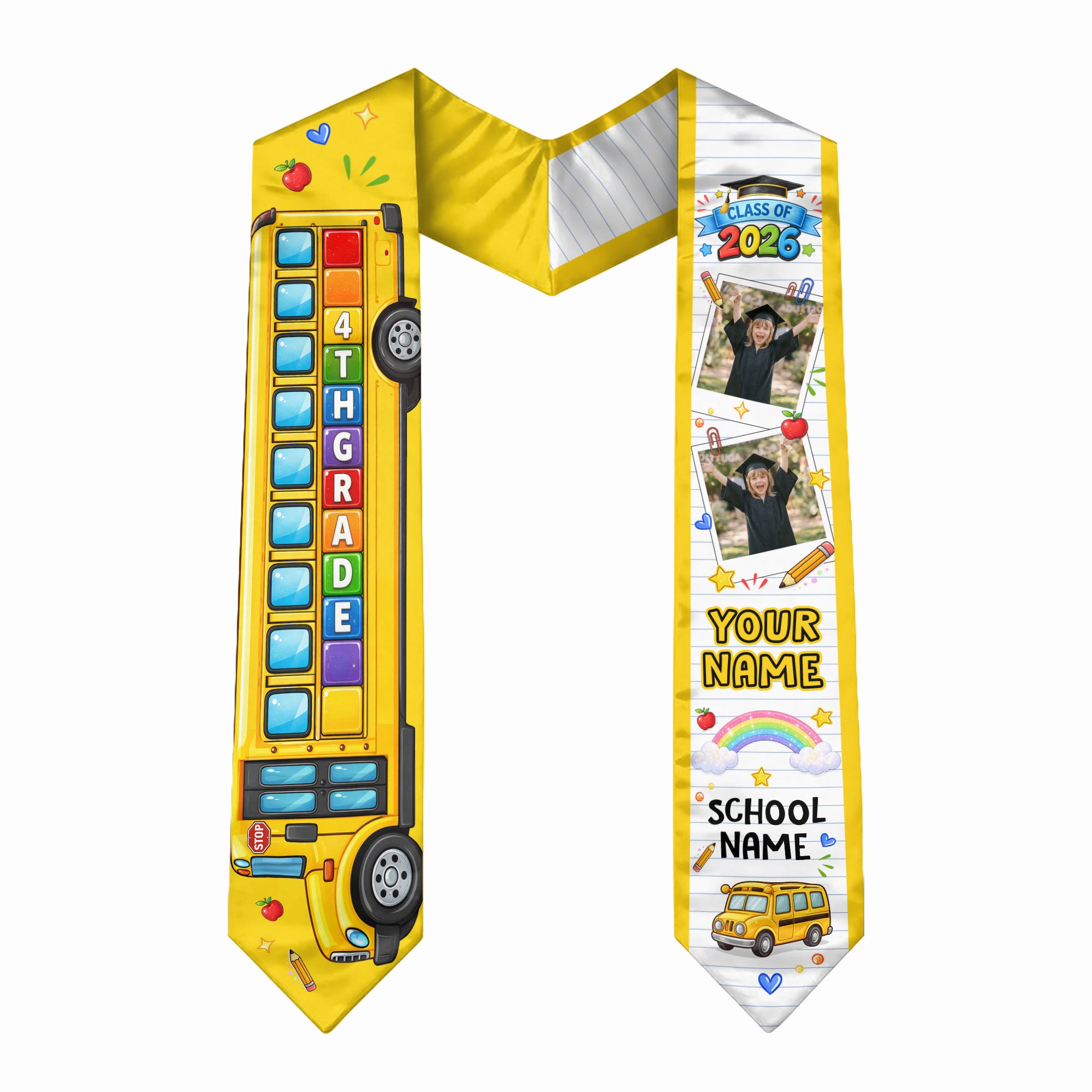 School Bus Kids Graduation Stole with Photo - Personalized Class of 2026 Sash