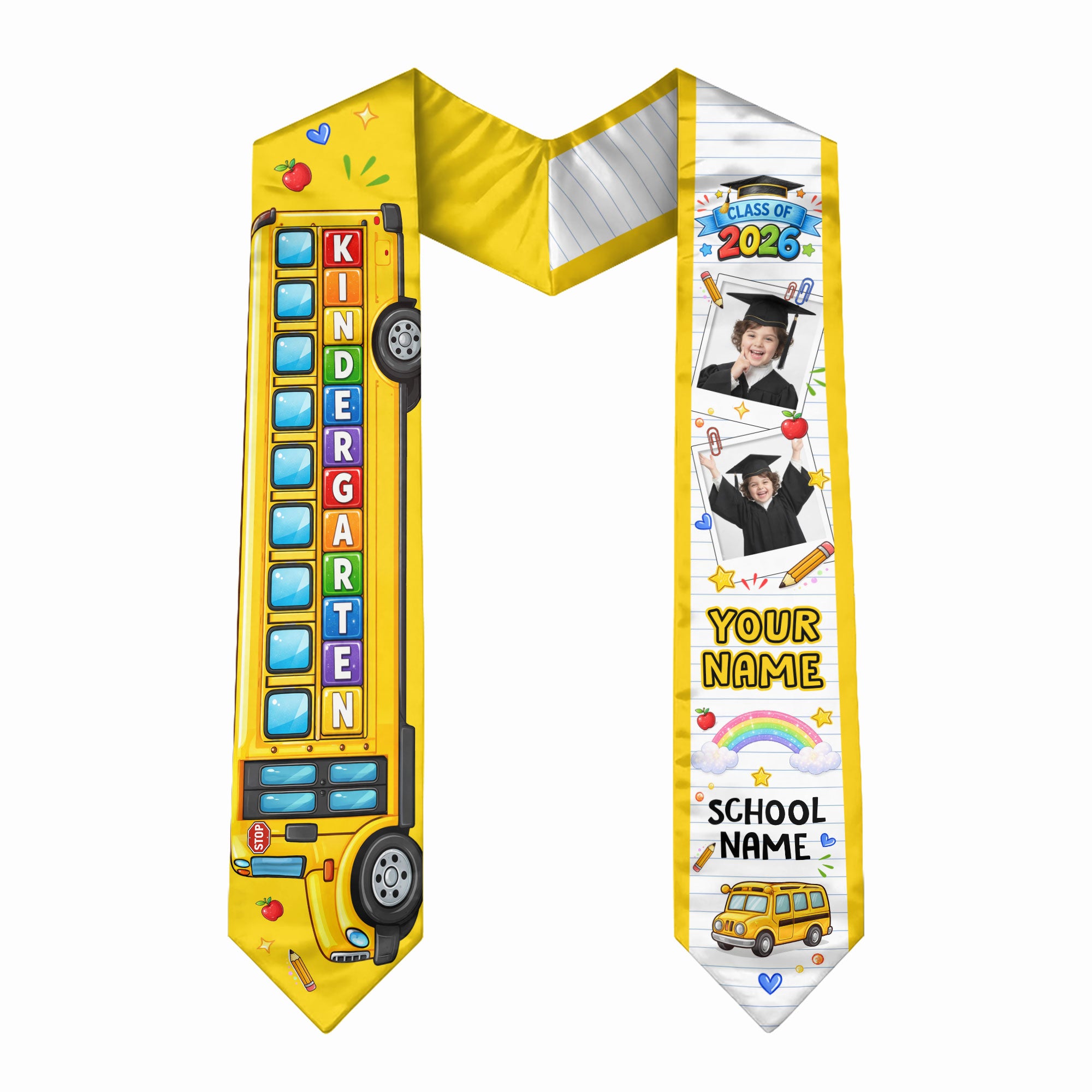School Bus Kids Graduation Stole with Photo - Personalized Class of 2026 Sash