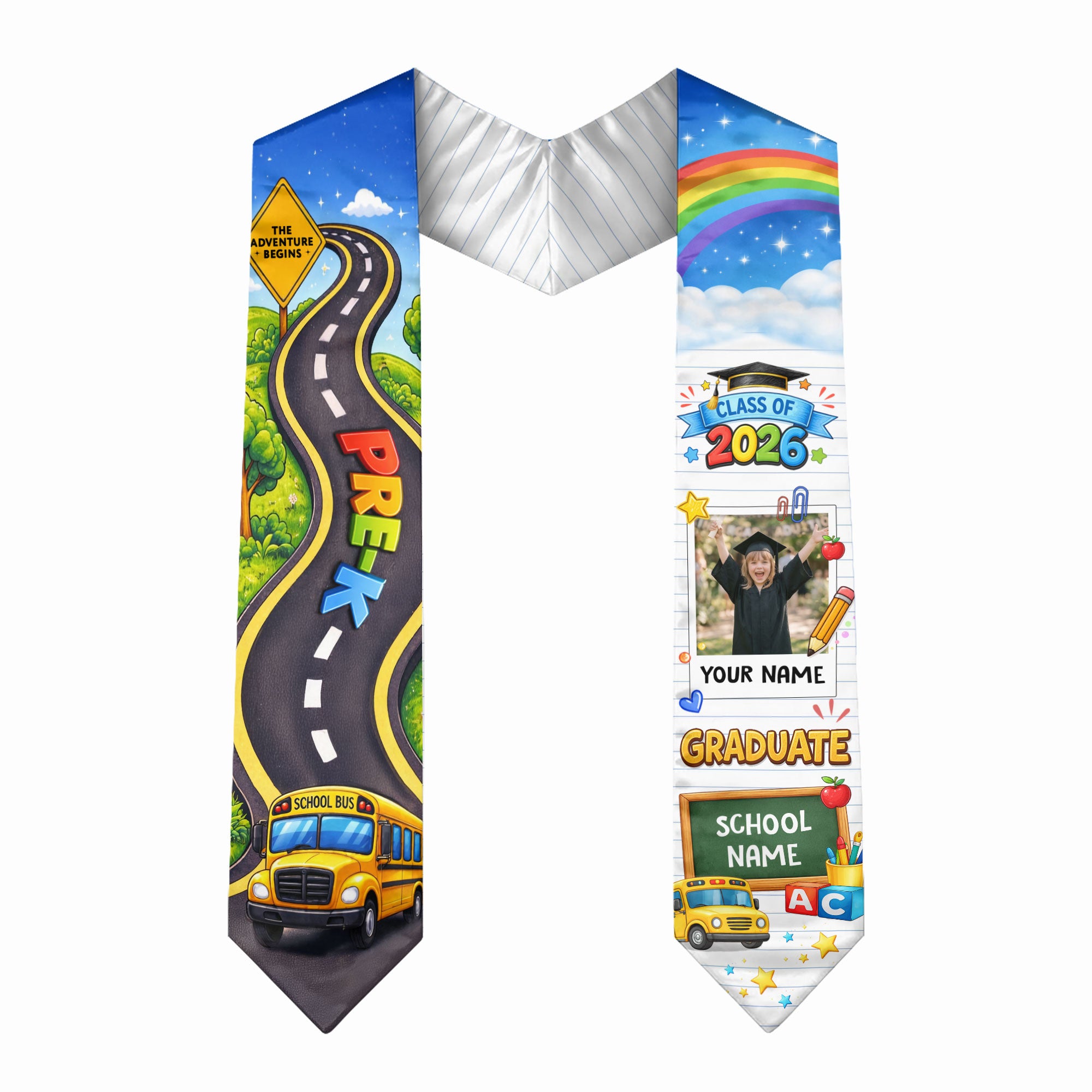 School Bus & Road Graduation Stole Kids - Personalized Photo Class of 2026
