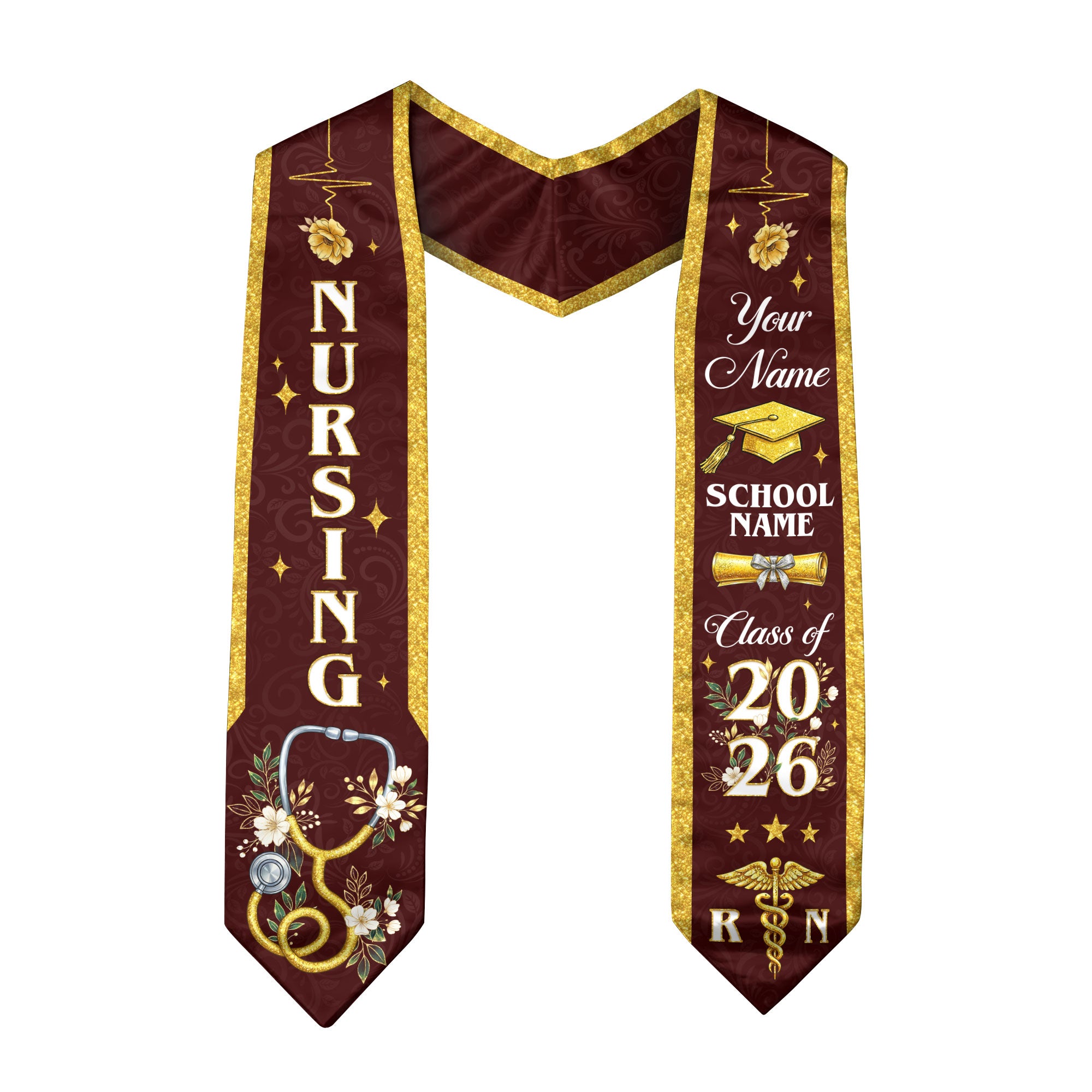 RN Nursing Graduation Stole, Class of 2026, Custom Name School, Stethoscope Pattern, Sash Gift